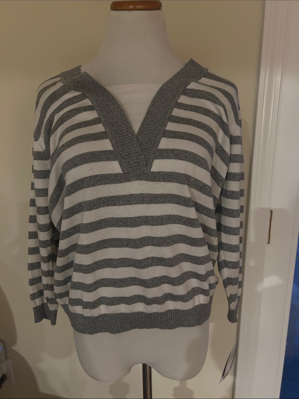 Cathy Daniels Gray and White Striped V‑Neck Sweater